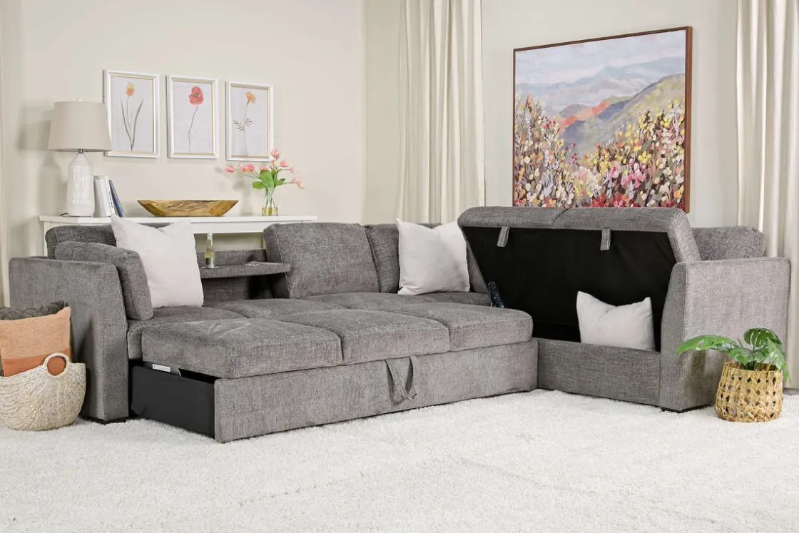 Mor Furniture Vivian Queen Tux Sleeper Sectional W/ Drop Down Table In Handwoven Pewter, Right Facing