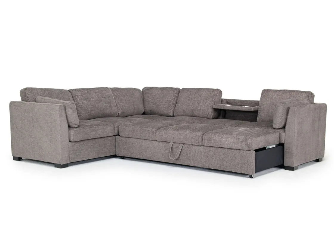 Mor Furniture Vivian Queen Tux Sleeper Sectional W/ Drop Down Table In Handwoven Pewter, Right Facing