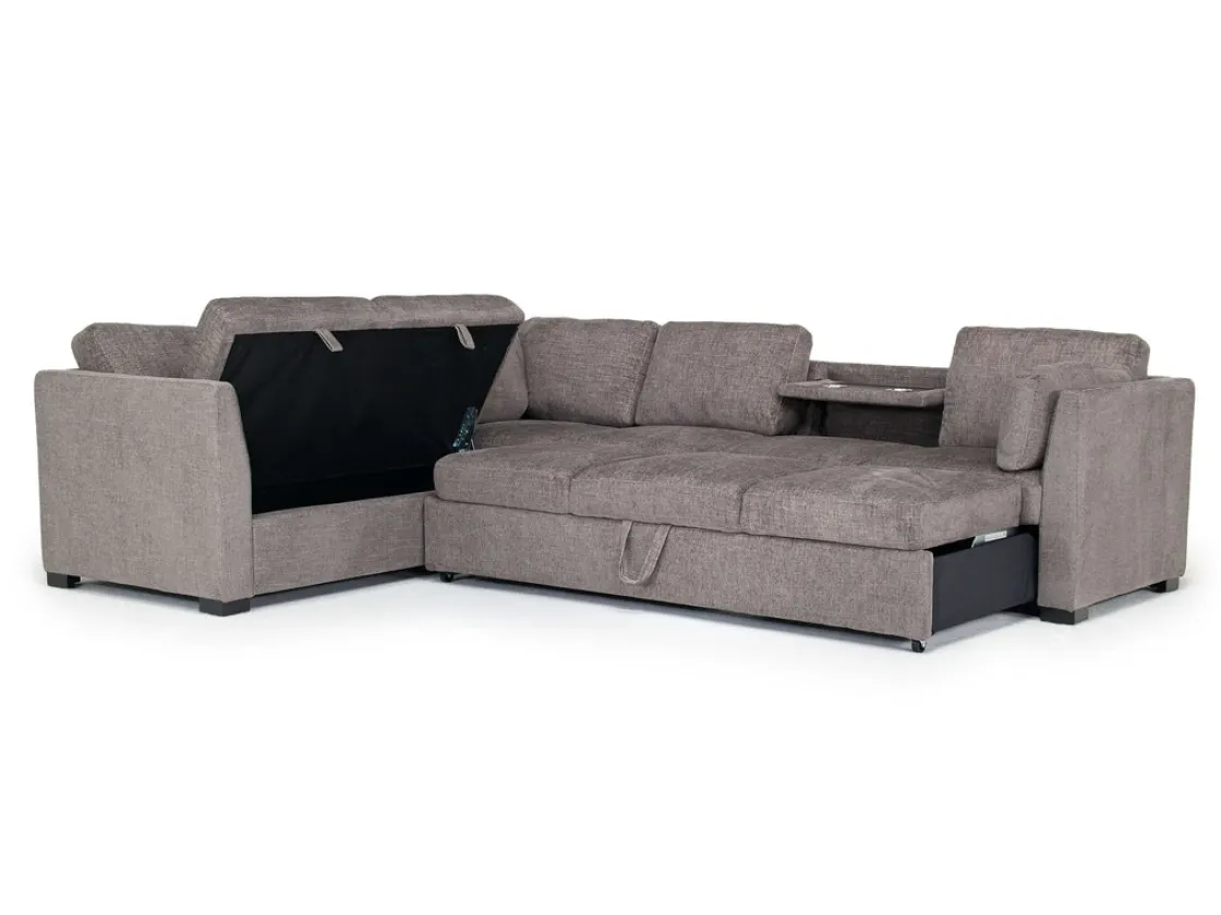 Mor Furniture Vivian Queen Tux Sleeper Sectional W/ Drop Down Table In Handwoven Pewter, Right Facing