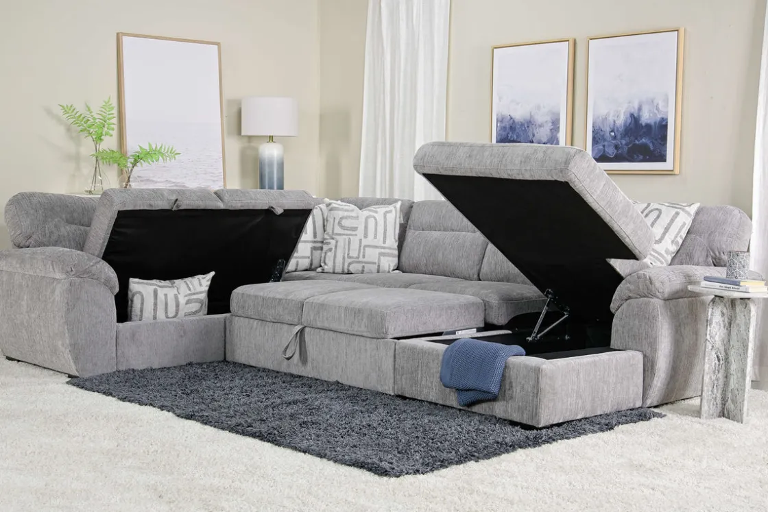 Mor Furniture Wanda Full Pullout Tux Storage Chaise Sectional In Gray, Left Facing