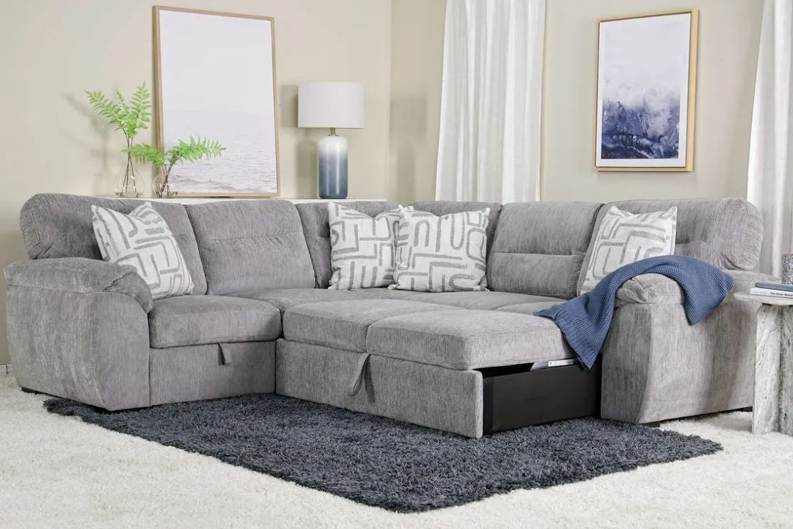 Mor Furniture Wanda Full Tux Sleeper Sectional W/ Storage In Gray, Right Facing