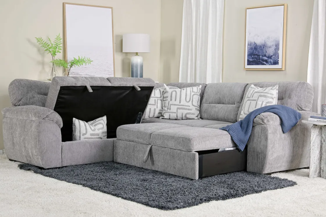 Mor Furniture Wanda Full Tux Sleeper Sectional W/ Storage In Gray, Right Facing