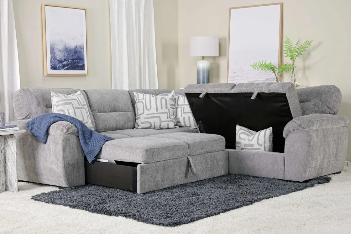 Mor Furniture Wanda Full Tux Sleeper Sectional W/ Storage In Gray, Right Facing