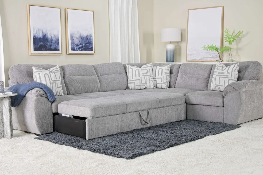 Mor Furniture Wanda Full Tux Sleeper Sectional W/ Storage In Gray, Right Facing