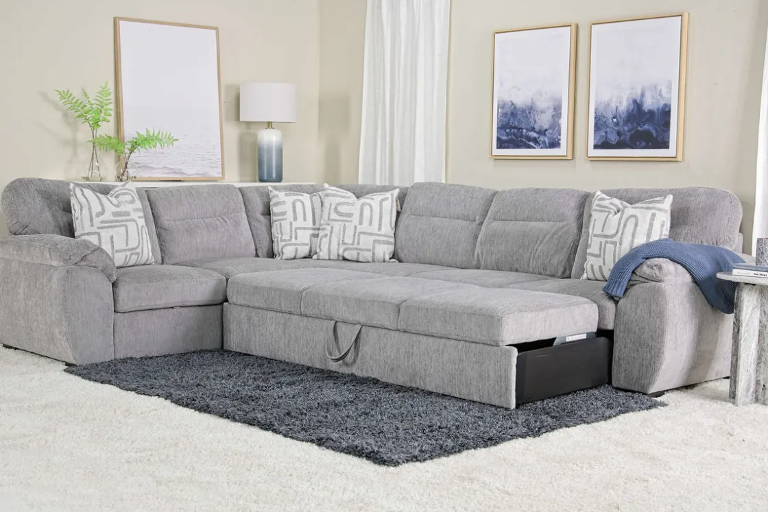 Mor Furniture Wanda Full Tux Sleeper Sectional W/ Storage In Gray, Right Facing